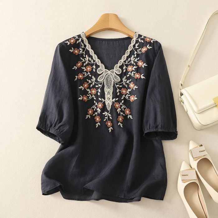 Heavy Embroidery V-Neck Slimming Top (Summer Edition) Short Sleeve | Loose Fit | Versatile Elegant Daily Wear | CDR260404A038