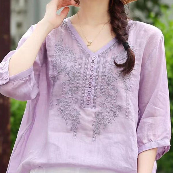Literary Retro V-Neck Embroidered Cotton Top (Summer Edition) Short Sleeve | Loose Slimming Fit | Elegant Everyday Wear | CDR260415A066