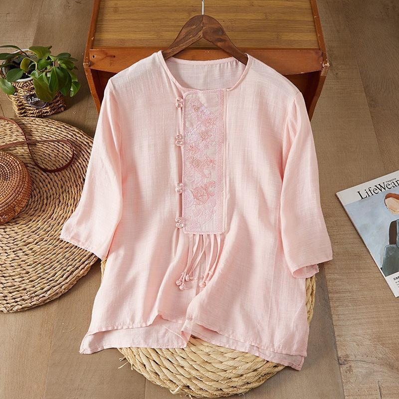 Ethnic Retro Ramie Embroidered Top (Tea Shirt Style) Round Neck | Short Sleeve | Lightweight Summer Elegance | CDR2603311024
