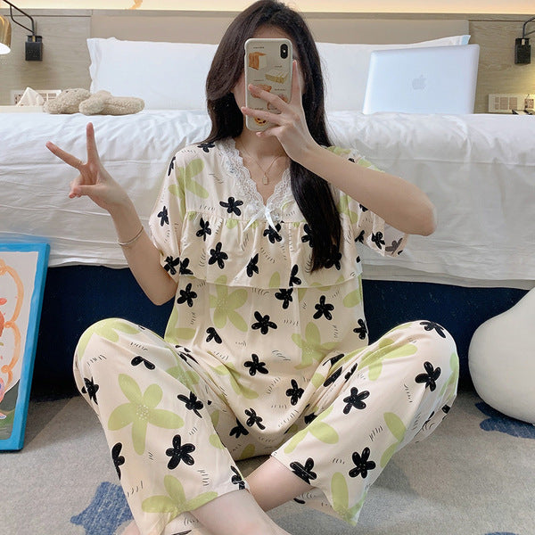 Short-Sleeved Pants Cotton Silk Pajamas Women's Summer Thin Suit Japanese Style Sweet Anti-Bump Pointing Outer-Wearing Cotton Silk Home Clothes | CLS250709758