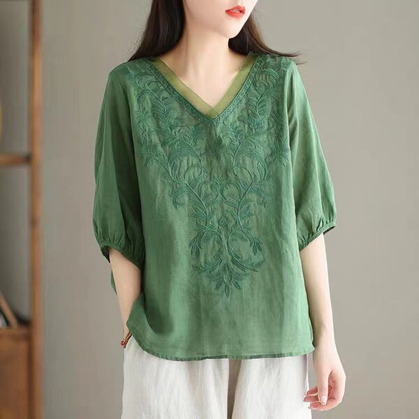 Embroidered Flower Vine Cotton Ethnic Top (Summer Edition)Three-Quarter Sleeve | Light &amp; Breathable | Elegant Ethnic Style | &nbsp;CDR2603161012