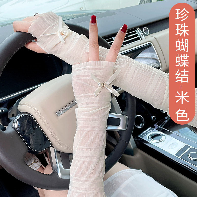 Summer Outdoor Sun Protection Ice Silk Sleeves Cool Pearl Long Ice Sleeves | Bow Arm Design | Women’s UV Protection | China Imported | ISLE251223893
