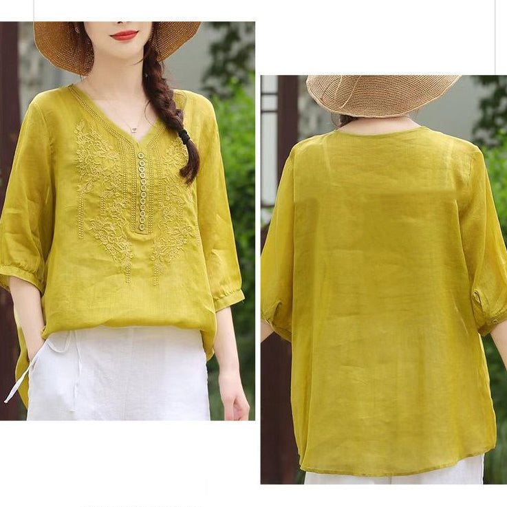 Literary Retro V-Neck Embroidered Cotton Top (Summer Edition) Short Sleeve | Loose Slimming Fit | Elegant Everyday Wear | CDR260415A066