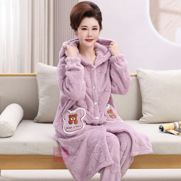 Winter Pajamas for women cardigan robe with hood casual home clothes two-piece suit. Thermal Winter Wear, Warmer, Keep Warm Jacket, Long Sleeve, Plus Size, Increased Thickness | WRN250118500