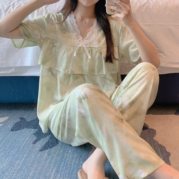 Short-Sleeved Pants Cotton Silk Pajamas Women's Summer Thin Suit Japanese Style Sweet Anti-Bump Pointing Outer-Wearing Cotton Silk Home Clothes | CLS250709758