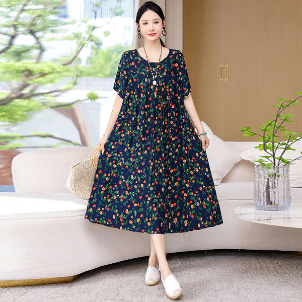 Plus Size Summer Cotton Silk dress Short-sleeved Loose Meat Covering Skirt plus size Printed Long Skirt | With Pocket | CLS250616827