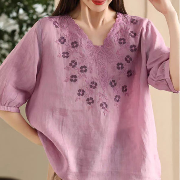 Heavy Embroidery V-Neck Slimming Top (Summer Edition) Short Sleeve | Loose Fit | Versatile Elegant Daily Wear | CDR260404A038