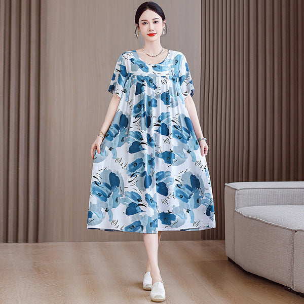 Plus Size Summer Cotton Silk dress Short-sleeved Loose Meat Covering Skirt plus size Printed Long Skirt | With Pocket | CLS250616827