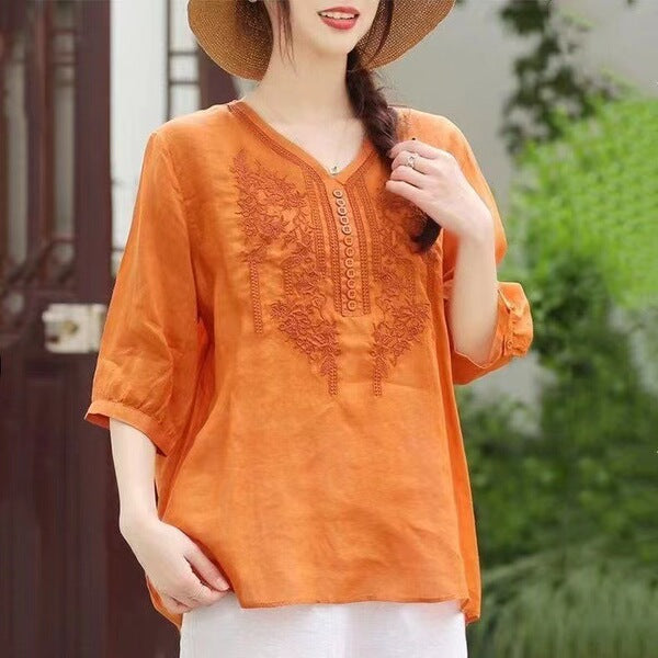 Literary Retro V-Neck Embroidered Cotton Top (Summer Edition) Short Sleeve | Loose Slimming Fit | Elegant Everyday Wear | CDR260415A066