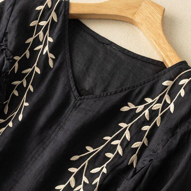 Summer Embroidered Cotton Retro Top (Chinese Style) Loose Elegant Fit | Three-Quarter Sleeve | Artistic Casual Wear | CDR2603261019