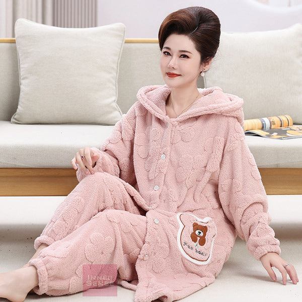Winter Pajamas for women cardigan robe with hood casual home clothes two-piece suit. Thermal Winter Wear, Warmer, Keep Warm Jacket, Long Sleeve, Plus Size, Increased Thickness | WRN250118500