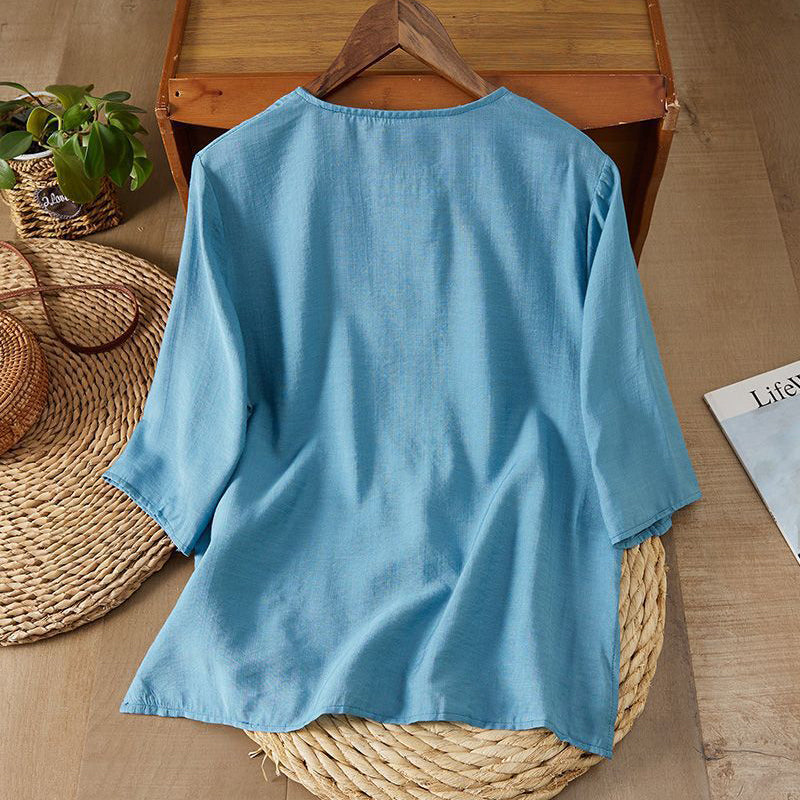 Ethnic Retro Ramie Embroidered Top (Tea Shirt Style) Round Neck | Short Sleeve | Lightweight Summer Elegance | CDR2603311024
