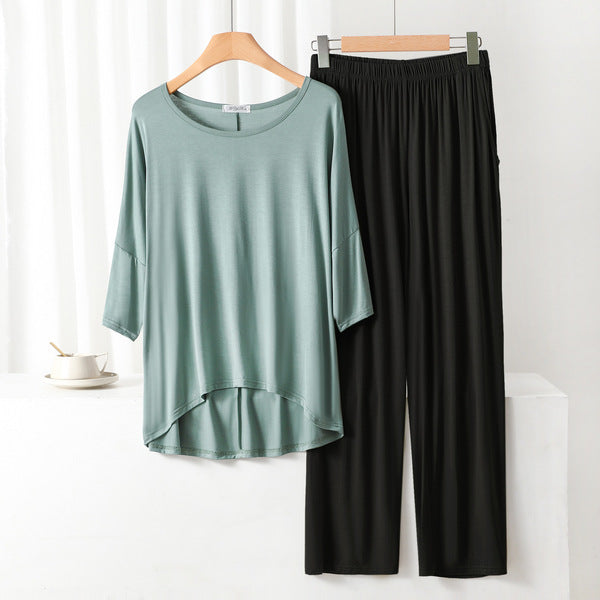 Summer Fit Cotton Large Size Loose Suit | Front Short Back Long T-Shirt | 7-Point Sleeve | Stretched Waist Straight Pants with Pocket | CLS250918806