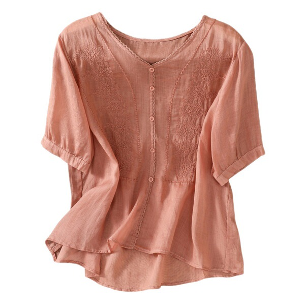 Literary Embroidered V-Neck Top (Summer Edition) Loose Fit | Short Sleeve | Elegant Artistic Daily Wear | CDR260511A119