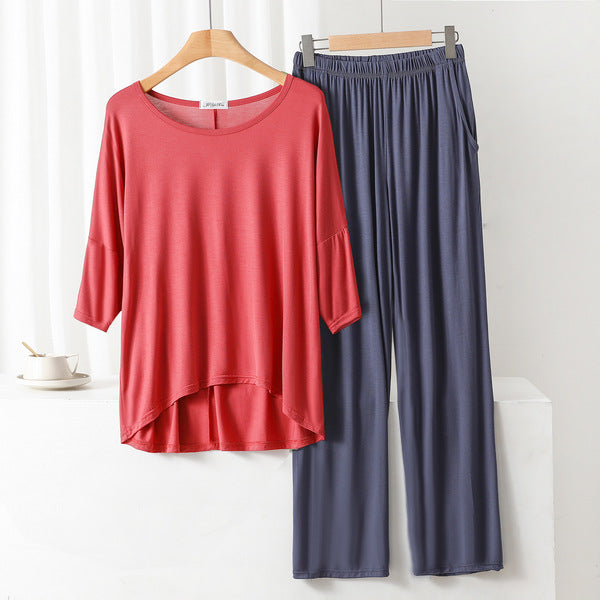 Summer Fit Cotton Large Size Loose Suit | Front Short Back Long T-Shirt | 7-Point Sleeve | Stretched Waist Straight Pants with Pocket | CLS250918806