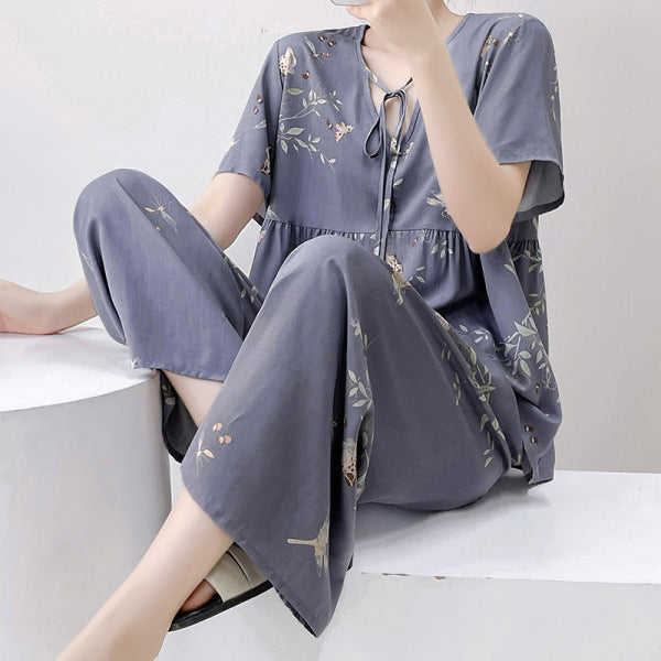 Spring &amp; Summer French Cotton Short-Sleeved Pajamas Women’s Printed Cotton-Silk Homewear Thin Suit | CLS251025825