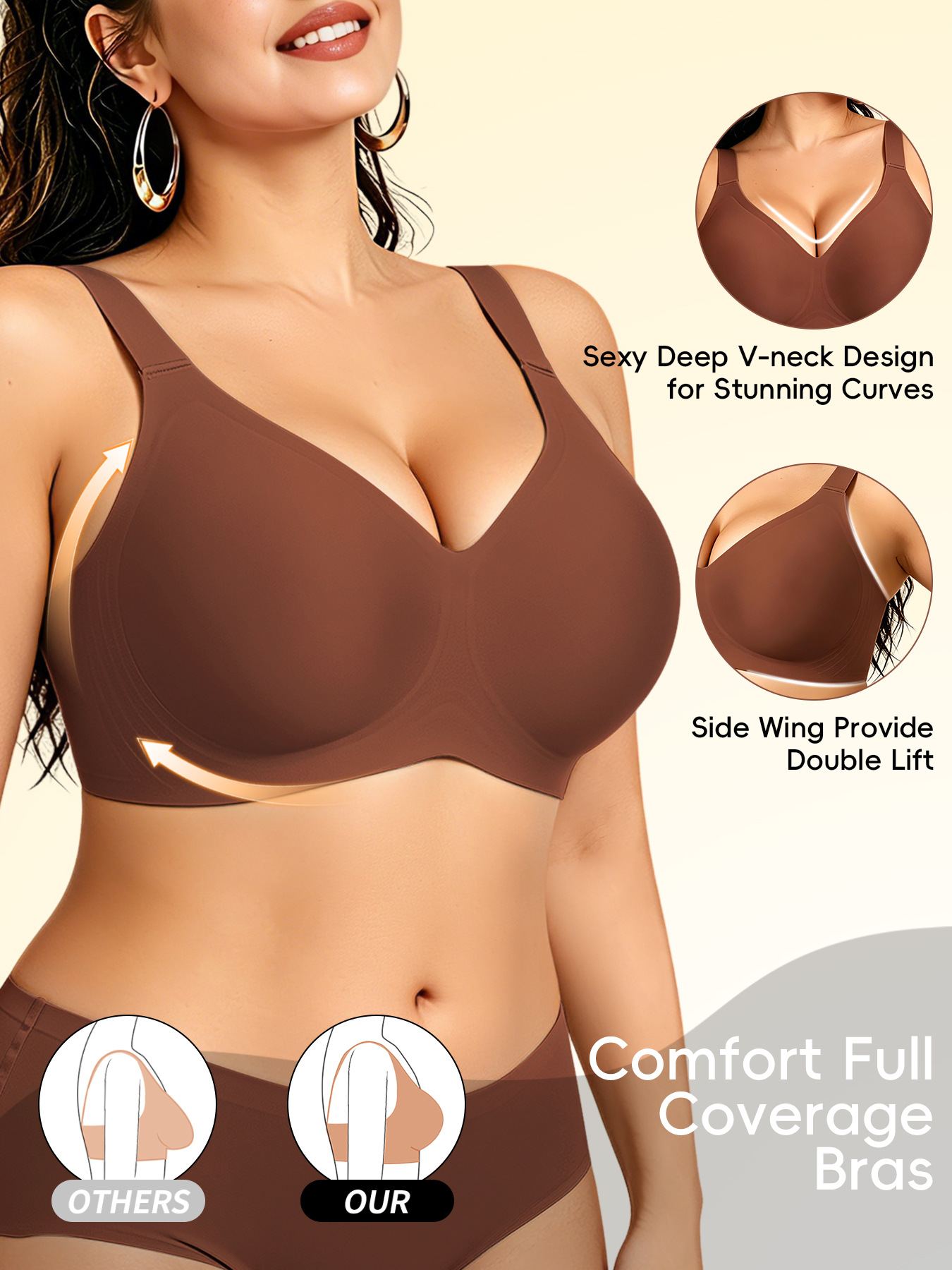 ORIA Seamless Soft Support Bra | Hook 3 | Cup D | Wire-Free Comfort | Push-Up Lift | Smooth Daily Support | CB260520A134