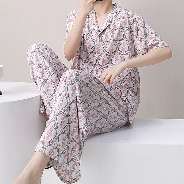 Spring &amp; Autumn Sweet Cotton Silk Pajama Set With Pant (Two-Piece) Printed Trouser Suit | Home + Outer Wearing | Soft &amp; Elegant Daily Comfort | CLS260216983