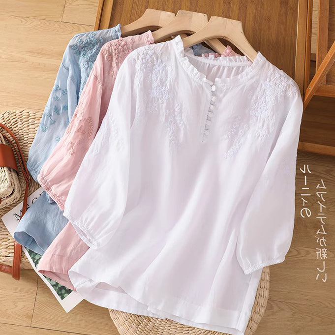 Ramie Cotton Embroidered Top (Summer Edition) Short Sleeve | Heavy Embroidery | Thin &amp; Elegant Daily Wear | CDR2603311025