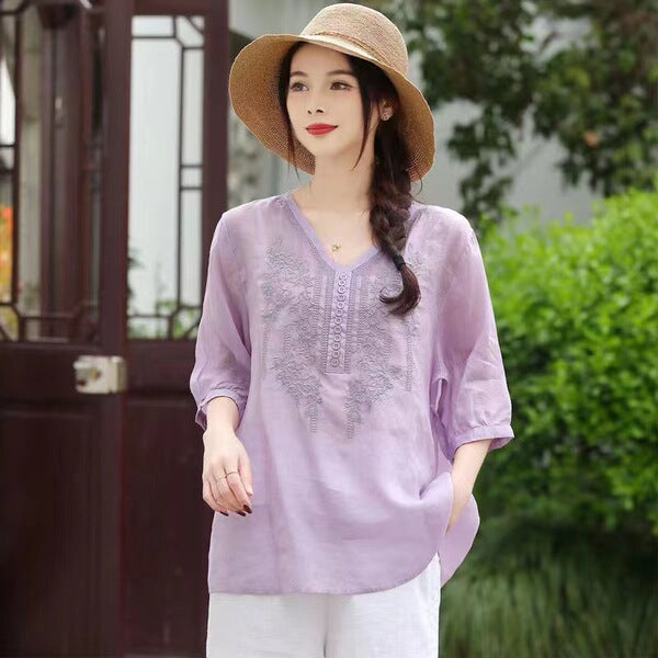 Literary Retro V-Neck Embroidered Cotton Top (Summer Edition) Short Sleeve | Loose Slimming Fit | Elegant Everyday Wear | CDR260415A066