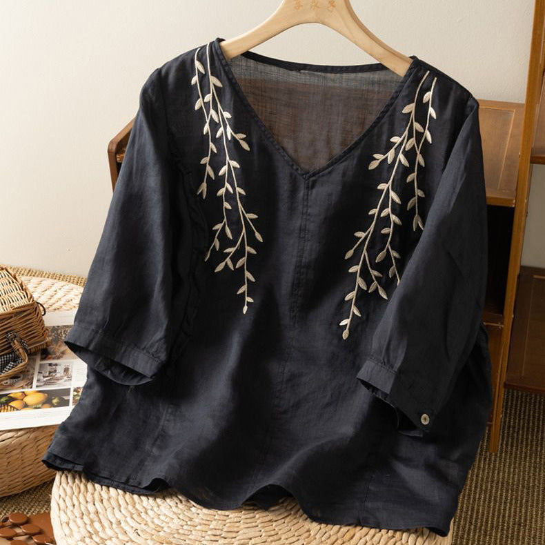 Summer Embroidered Cotton Retro Top (Chinese Style) Loose Elegant Fit | Three-Quarter Sleeve | Artistic Casual Wear | CDR2603261019