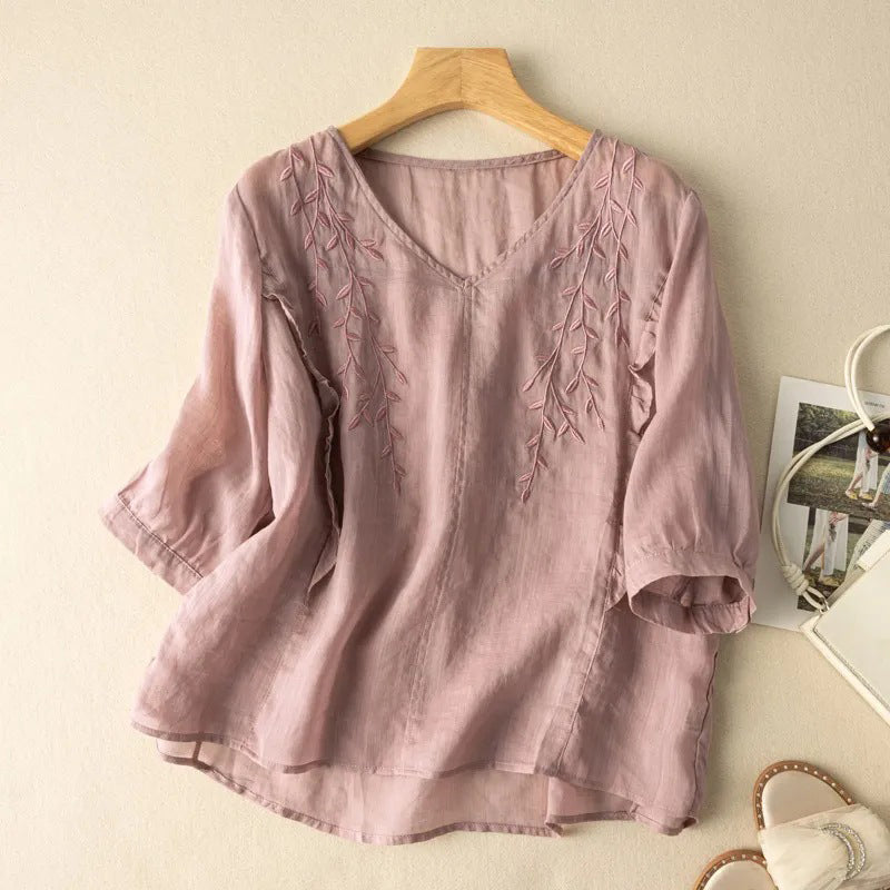 Summer Embroidered Cotton Retro Top (Chinese Style) Loose Elegant Fit | Three-Quarter Sleeve | Artistic Casual Wear | CDR2603261019
