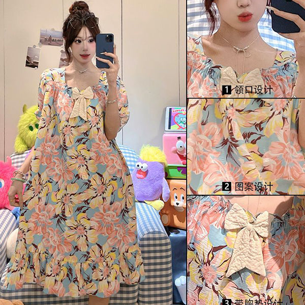 Sweet Cotton Fixed-Breast Dress (Summer Edition)Short Sleeve Printed Style | Home + Outside Wear | Soft Daily Comfort | CSL2603131008