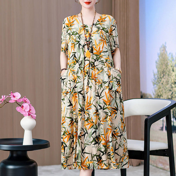 Summer Cotton Silk Flared Dress (Loose Slimming Fit) Lightweight &amp; Breathable | Elegant Flow | Daily Out And Home Wear | CLS2620407A045