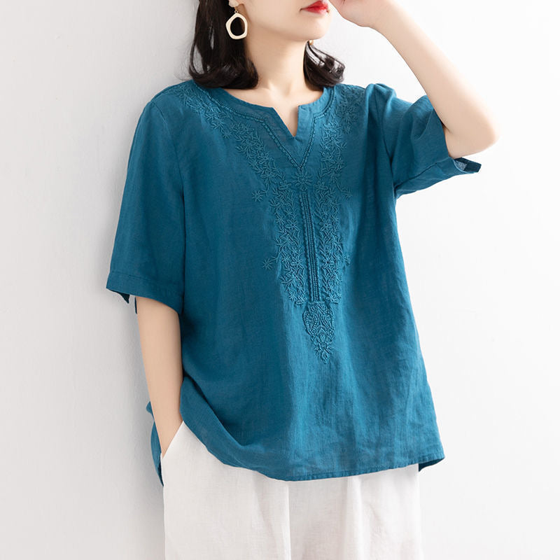Embroidered Cotton Artistic V-Neck Top (Summer Edition) Loose Casual Fit | Short Sleeve | Trendy Everyday Wear | CDR260425A084