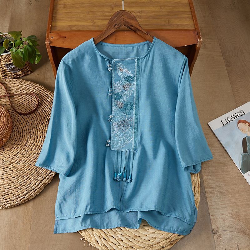 Ethnic Retro Ramie Embroidered Top (Tea Shirt Style) Round Neck | Short Sleeve | Lightweight Summer Elegance | CDR2603311024