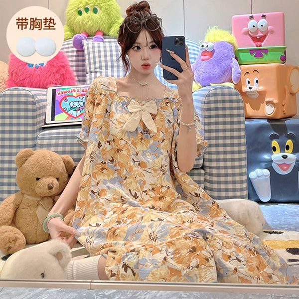 Sweet Cotton Fixed-Breast Dress (Summer Edition)Short Sleeve Printed Style | Home + Outside Wear | Soft Daily Comfort | CSL2603131008