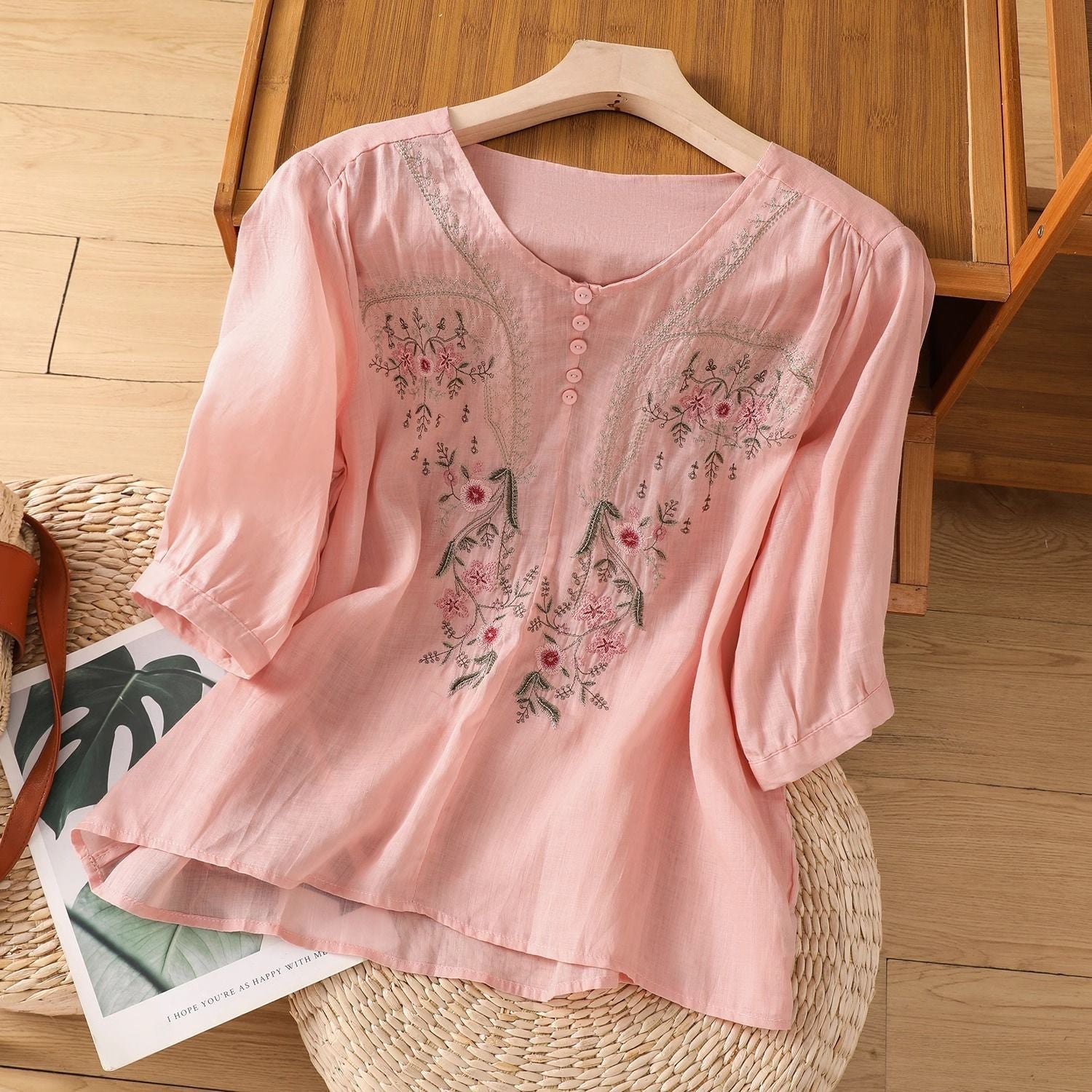 Summer Cotton Embroidered Pullover Top (Chinese Style) Short Sleeve | Loose Slimming Fit | Versatile Daily Wear | CDR260407A044