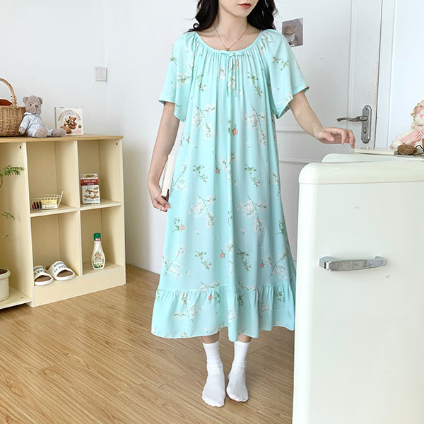 Women’s Full Cotton Silk Floral Long Dress (Short Sleeve) Round Neck | Home + Outer Wear | Soft Flowing Fit | Daily Elegant Comfort | CLS260216984