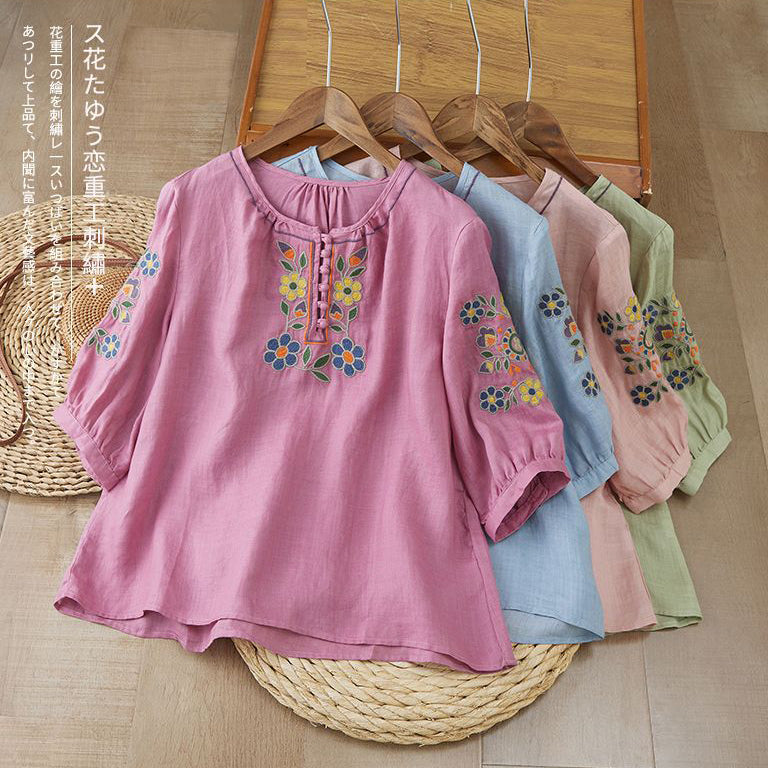Embroidered Cotton Mid-Sleeve Button Top (Summer Edition) Loose Slim Fit | Round Neck | Versatile Elegant Daily Wear | CDR260412A059