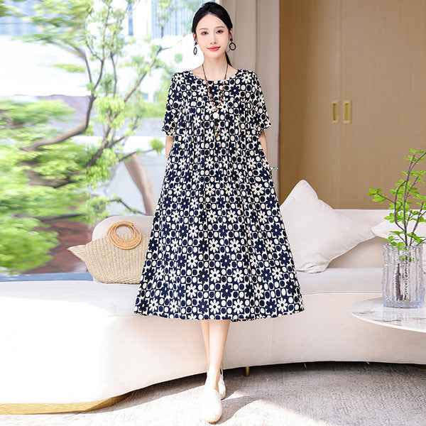 Plus Size Summer Cotton Silk dress Short-sleeved Loose Meat Covering Skirt plus size Printed Long Skirt | With Pocket | CLS250616827