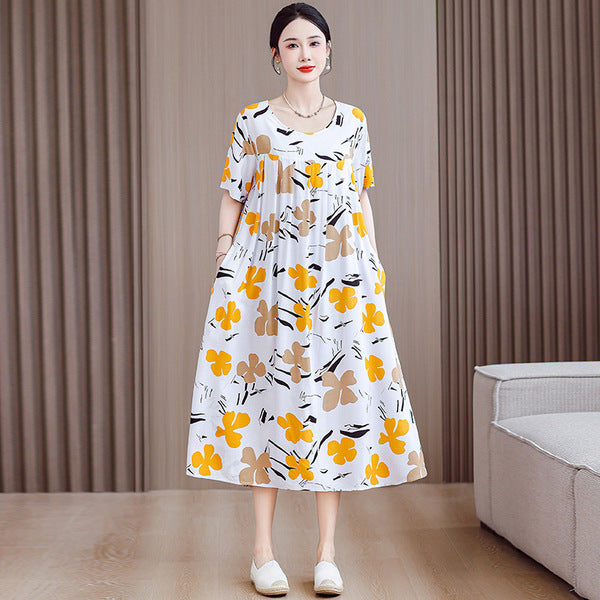 Plus Size Summer Cotton Silk dress Short-sleeved Loose Meat Covering Skirt plus size Printed Long Skirt | With Pocket | CLS250616827