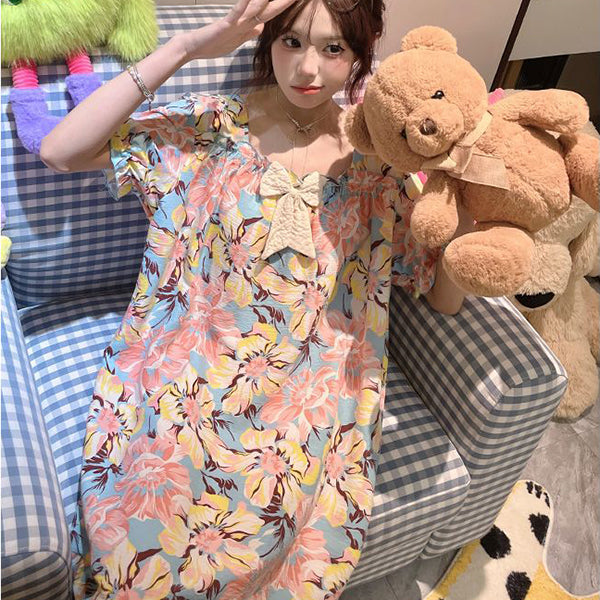 Sweet Cotton Fixed-Breast Dress (Summer Edition)Short Sleeve Printed Style | Home + Outside Wear | Soft Daily Comfort | CSL2603131008