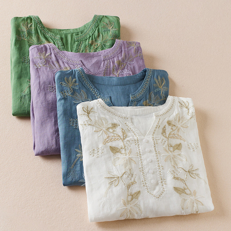 Artistic Loose V-Neck Embroidery T-Shirt (Summer New) Solid Color | Short Sleeve | Relaxed Fit | Everyday Comfort | Thailand Design | CDR260201961