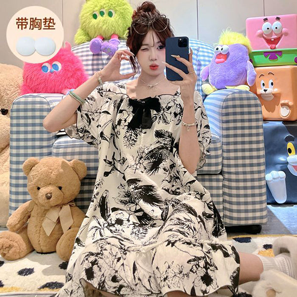 Sweet Cotton Fixed-Breast Dress (Summer Edition)Short Sleeve Printed Style | Home + Outside Wear | Soft Daily Comfort | CSL2603131008