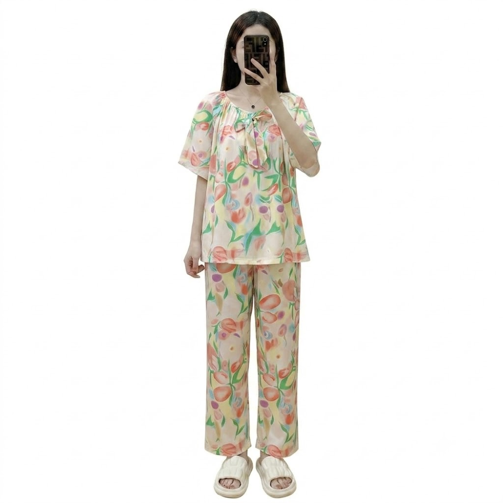 Cotton Silk Korean Style Pajama Set (Floral Edition) | Two-Piece Set | Loose Fit | Summer Comfort | CLS260701A182
