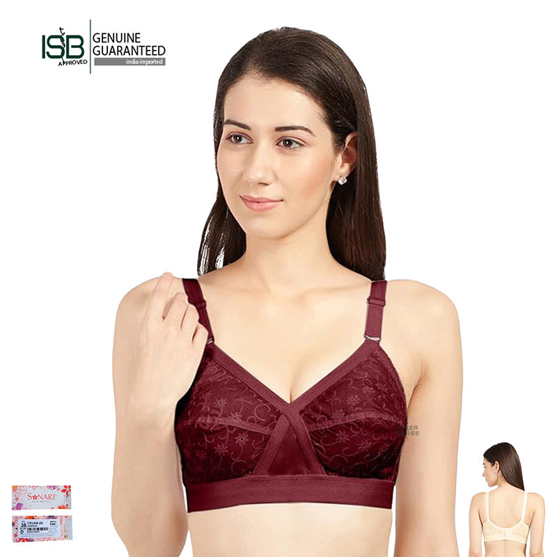 SONARI CELINA Non-Padded Wirefree Pure Cotton Full Coverage Ambroidered Bra with Adjustable Straps (CUP D) | Indian Imported | ISB Approved Genuine Guaranteed | IB260303997