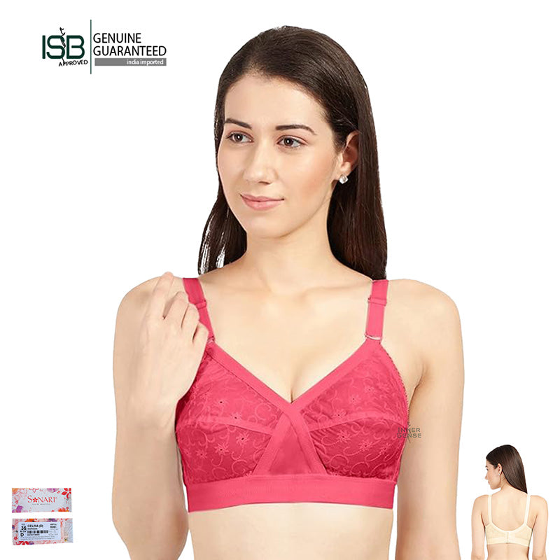 SONARI CELINA Non-Padded Wirefree Pure Cotton Full Coverage Ambroidered Bra with Adjustable Straps (CUP D) | Indian Imported | ISB Approved Genuine Guaranteed | IB260303997