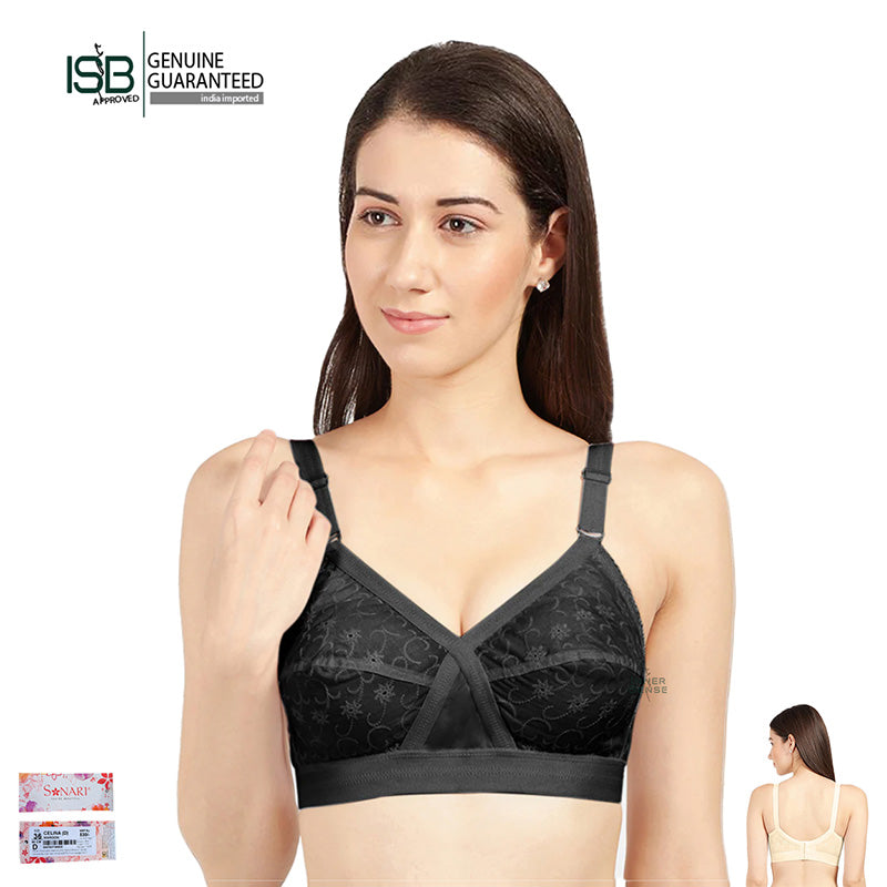 SONARI CELINA Non-Padded Wirefree Pure Cotton Full Coverage Ambroidered Bra with Adjustable Straps (CUP D) | Indian Imported | ISB Approved Genuine Guaranteed | IB260303997