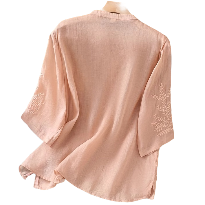 Summer Cotton Embroidered V-Neck Top (Artistic Edition) Loose Pullover | Short Sleeve | Large Size Elegant Wear | CDR260501A099
