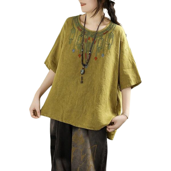 Retro Literary Cotton Embroidered Top (Plus Size Edition) Round Neck | Loose Fit | Summer Elegant Daily Wear | CDR260415A065
