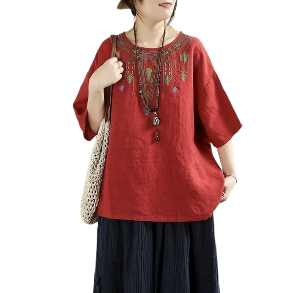 Retro Literary Cotton Embroidered Top (Plus Size Edition) Round Neck | Loose Fit | Summer Elegant Daily Wear | CDR260415A065