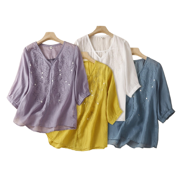 Summer Literary Cotton Slik Embroidered V-Neck Top (Elegant Edition) Three-Quarter Sleeve | Loose Thin Fit | Artistic Everyday Wear | CDR260509A113