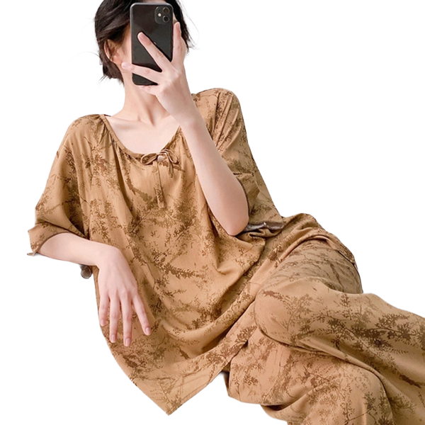 Cotton Silk Ethnic Pajama Set (Plus Size Edition) Short Sleeve | Loose Thin Fit | Home + Outer Wear Comfort | CLS260501A098
