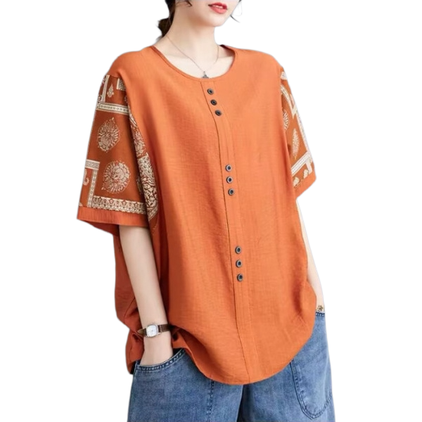 Cotton Plus Size Printed Buckle Top (Summer Edition)Loose Pullover | Half Sleeve | Stylish Daily Comfort | CDR260502A0102