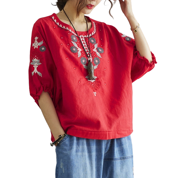 Artistic Embroidered Cotton Top (Vintage Edition) Half Sleeve | Large Size Loose Fit | Slim Look Summer Style | CDR260423A081